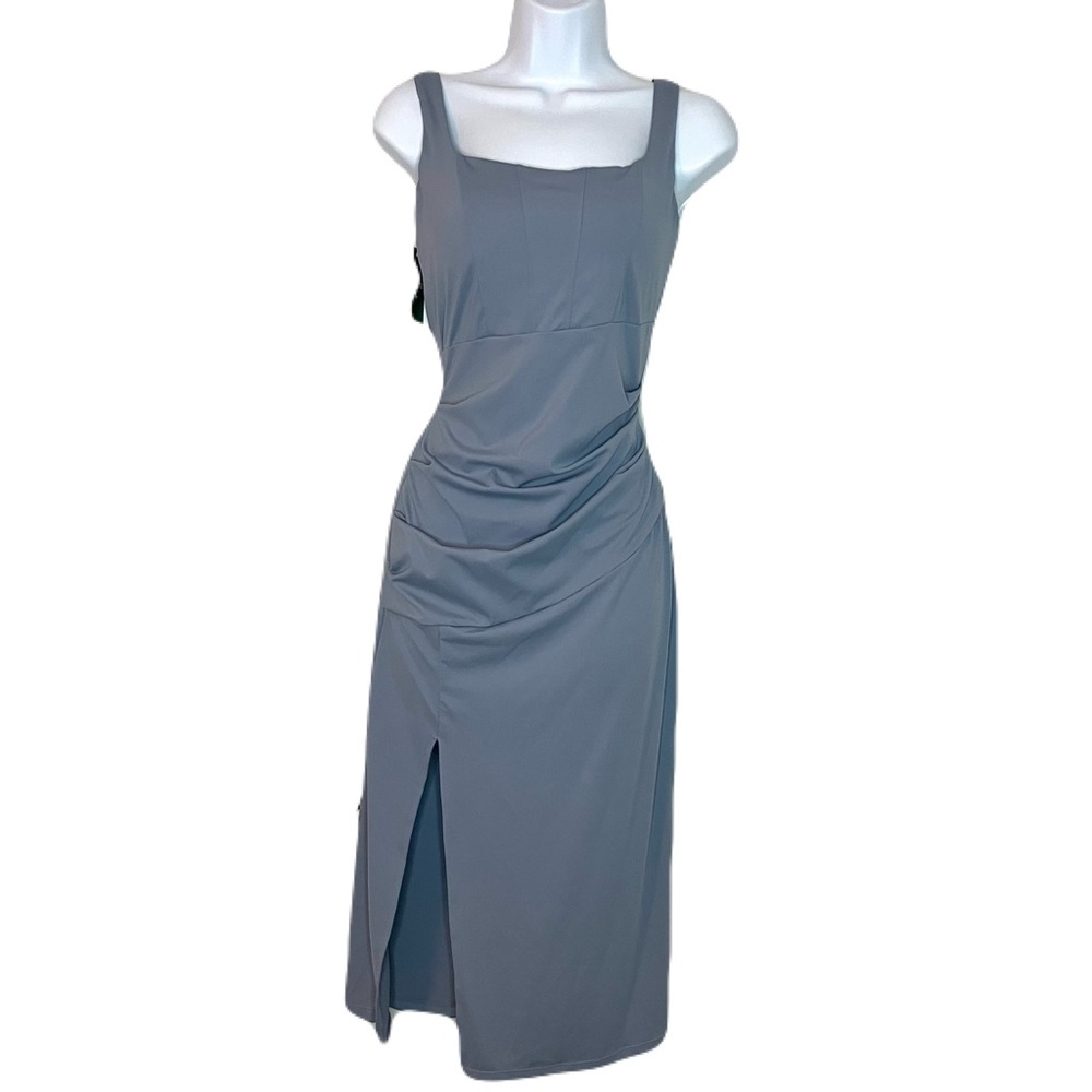 HALARA Softly Zero Airy Square Neck Corset Midi Dress with a Slit Ruched Detail